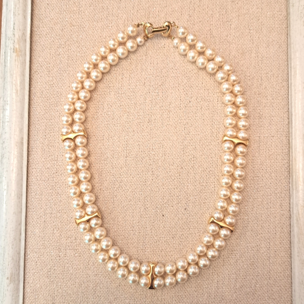 NAPIER 17" Double strand faux pearl necklace with polished gold spacers